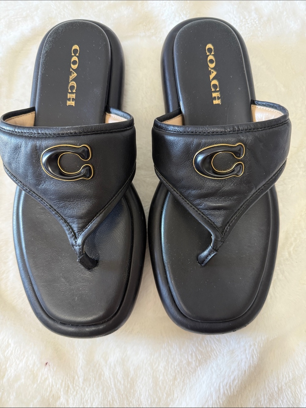 COACH Sylvie Bubble Platform Thong Sandal Leather Black Platform Sandals US 8.5